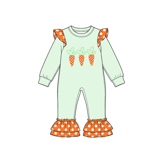 9.22 LR3366 Preorder Carrot Dots Print Baby Girls Easter Ruffle Romper