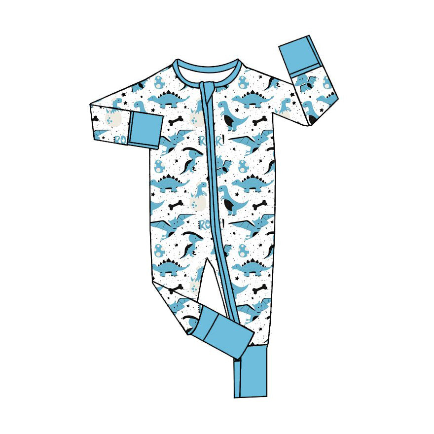 9.29 LR3372 Preorder Dino Eggs Blue Print Baby Boys Easter Zipper Sleeve Romper