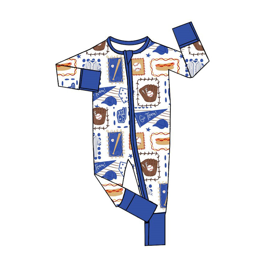 9.29 LR3374 Preorder Baby Boys Go Team Baseball Zipper Romper