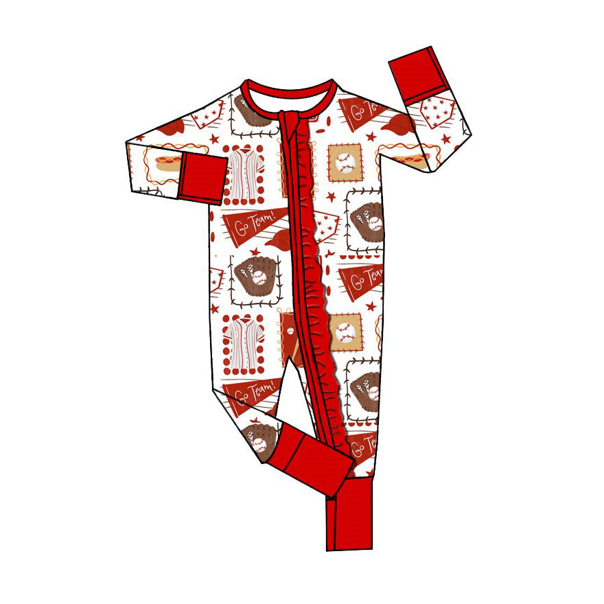 9.29 LR3375 Preorder Baby Girls Go Team Baseball Zipper Romper