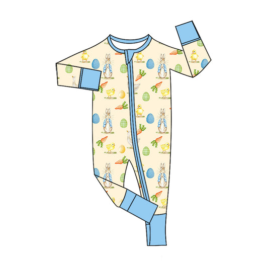 10.3 LR3382 Preorder Baby Boys Easter Bunny Print Long Sleeve Zipper Romper