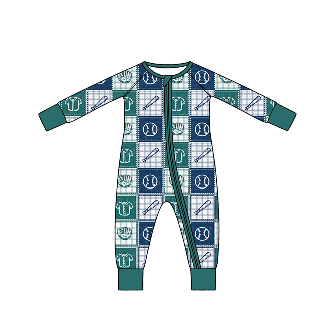 10.10 LR3385 Preorder Baseball Checkered Print Baby Boys Zipper Sleeper Romper