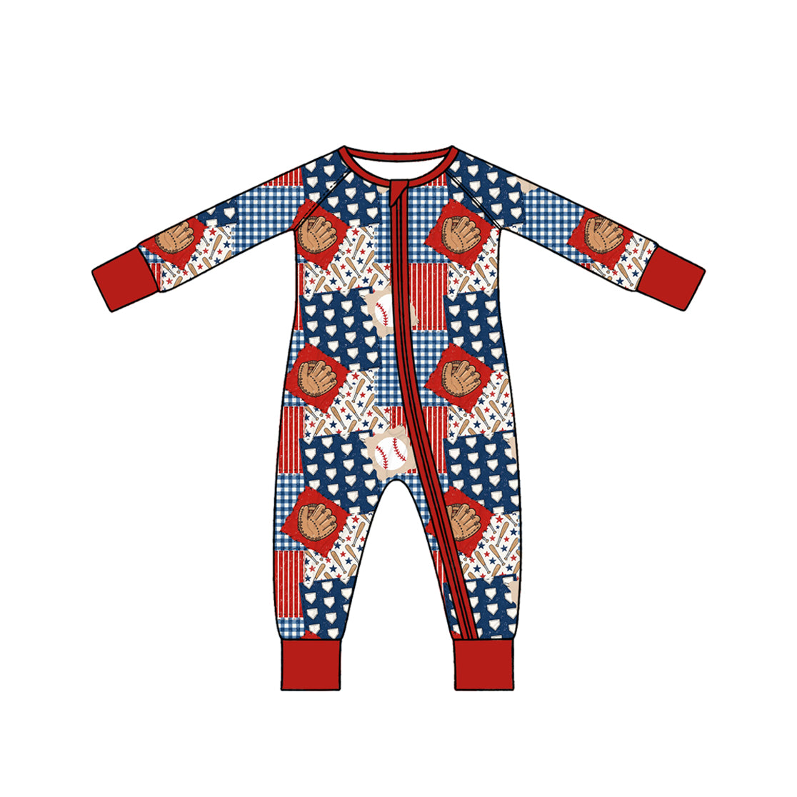10.10 LR3386 Preorder Baseball Stars Checkered Print Baby Boys Zipper Sleeper Romper