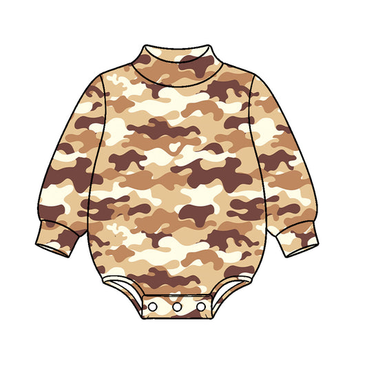 10.17 LR3396 Preorder Khaki Brown Camo Print Baby Mock Neck Long Sleeve Romper