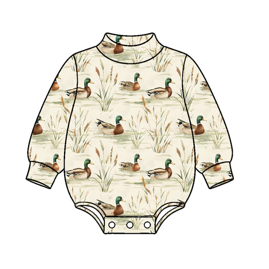 10.17 LR3398 Preorder Mallard Duck Print Baby Mock Neck Long Sleeve Romper