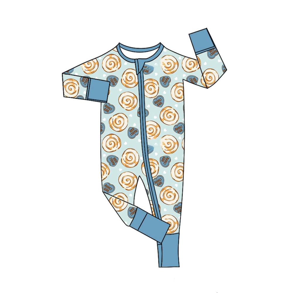 10.17 LR3403 Preorder Cinnamon Roll Candy Heart Print Baby Boys Valentine's Day Zipper Sleeper Romper