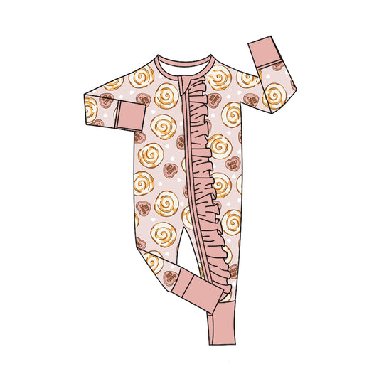 10.17 LR3404 Preorder Cinnamon Roll Candy Heart Print Baby Girls Valentine's Day Zipper Sleeper Romper