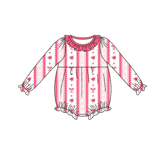 10.19 LR3410 Preorder Rose Bows Heart Pink Print Baby Girls Valentine's Day Romper