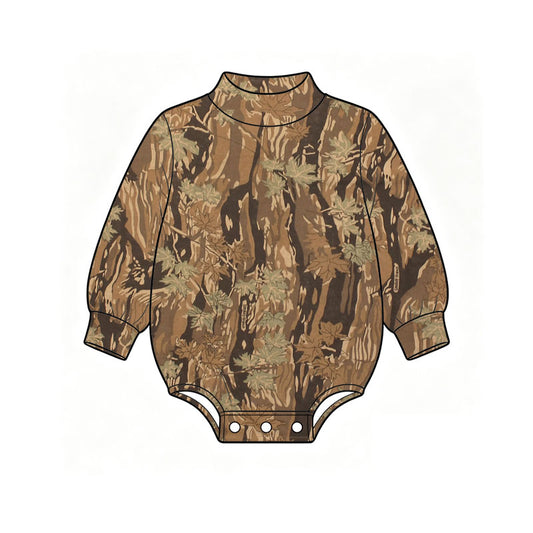 10.23 LR3414 Preorder Tree Leaf Brown Camo Print Baby Mock Neck Long Sleeve Romper