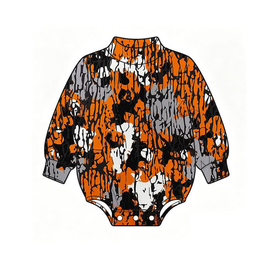 10.23 LR3415 Preorder Orange Grey Black Camo Print Baby Mock Neck Long Sleeve Romper