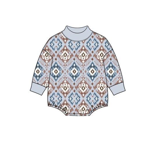 10.24 LR3419 Preorder Aztec Blue Brown Grey Print Baby Mock Neck Long Sleeve Romper