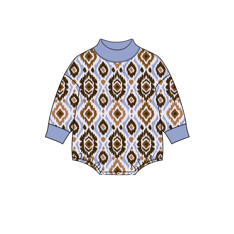 10.24 LR3420 Preorder Aztec Blue Brown Print Baby Mock Neck Long Sleeve Romper