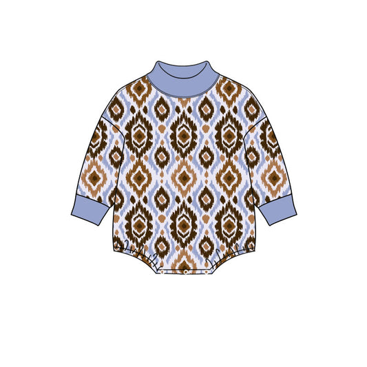 10.24 LR3420 Preorder Aztec Blue Brown Print Baby Mock Neck Long Sleeve Romper