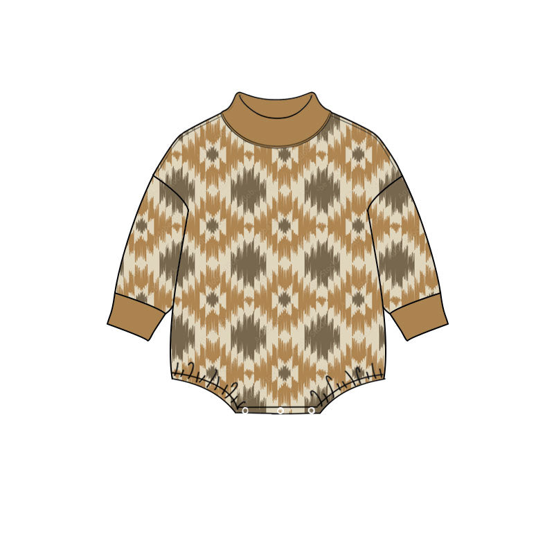 10.24 LR3423 Preorder Aztec Brown Print Baby Mock Neck Long Sleeve Romper