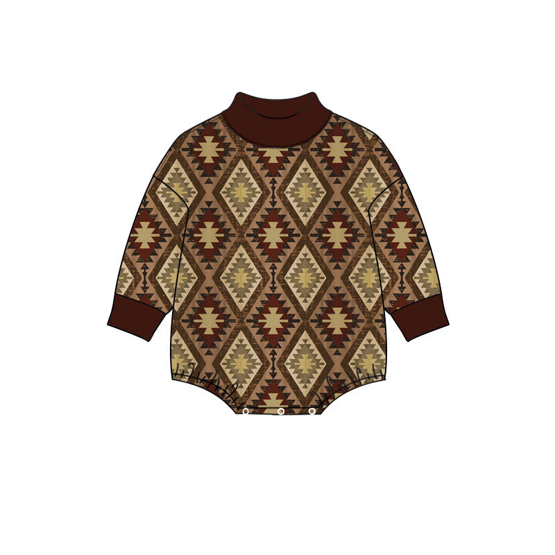 10.24 LR3424 Preorder Aztec Dark Brown Print Baby Mock Neck Long Sleeve Romper