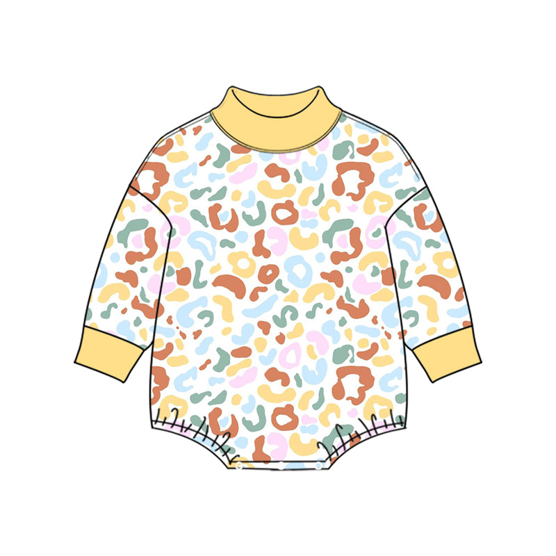 10.27 LR3428 Preorder  Baby Girls Yellow Blue Brown Leopard Mock Neck Long Sleeve Romper