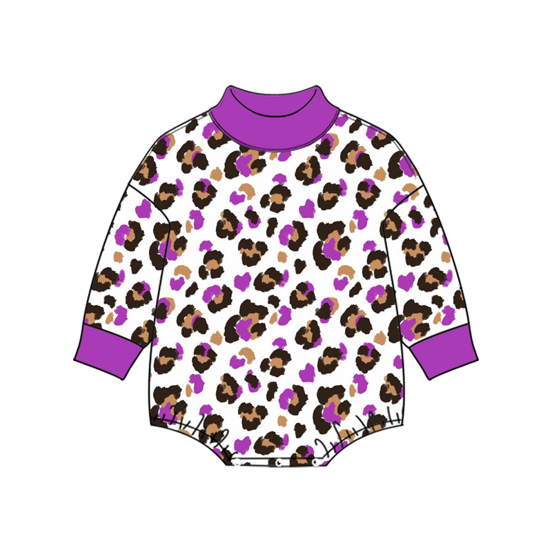 10.27 LR3430 Preorder  Baby Girls Purple Leopard Mock Neck Long Sleeve Romper