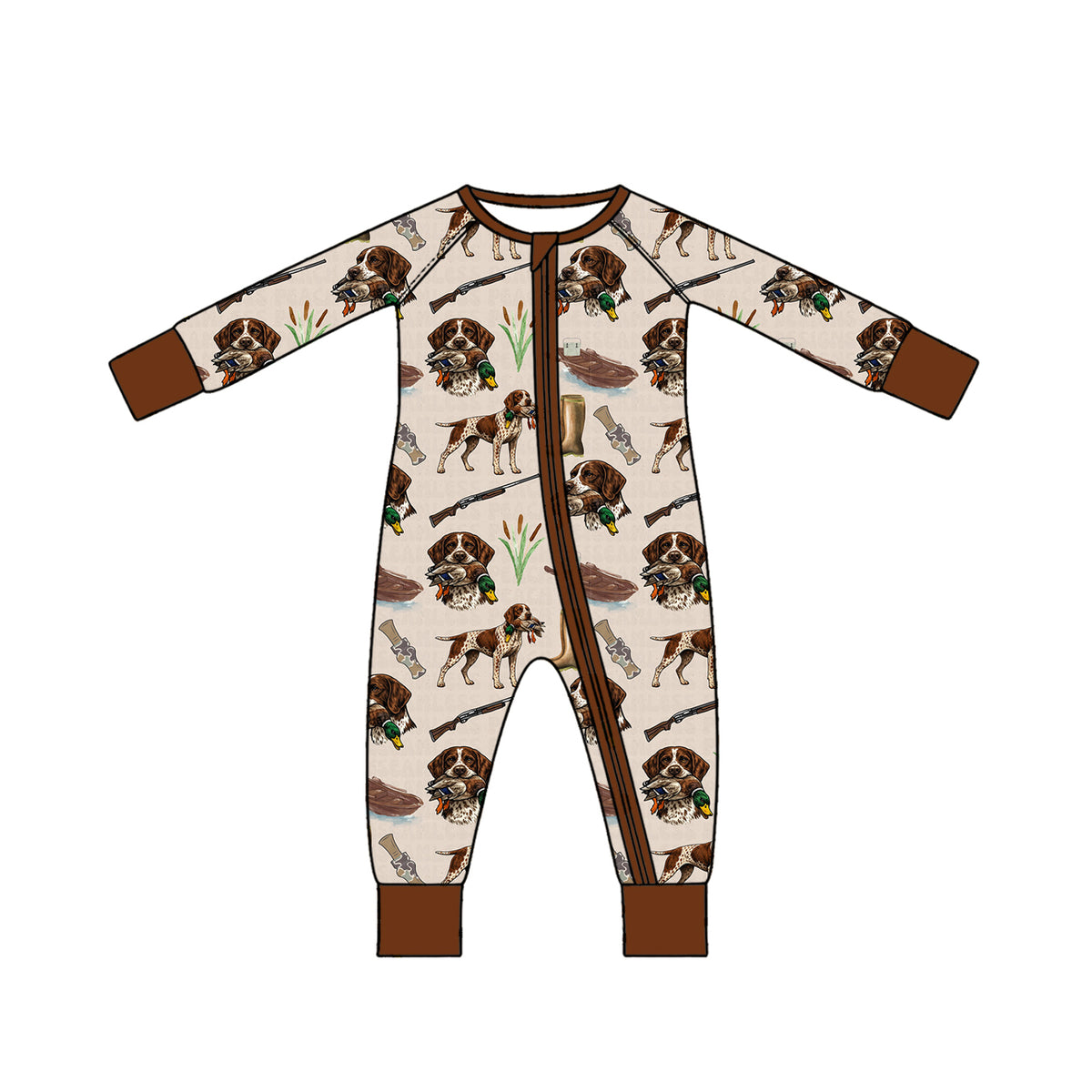 10.27 LR3433 Dog Duck Hunting Print Baby Boys Fall Zipper Sleeper Romper