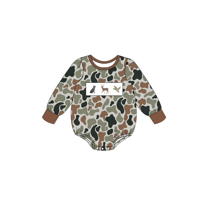 10.30 LR3444 Preorder Duck Dog Deer Camo Print Baby Boys Long Sleeve Romper
