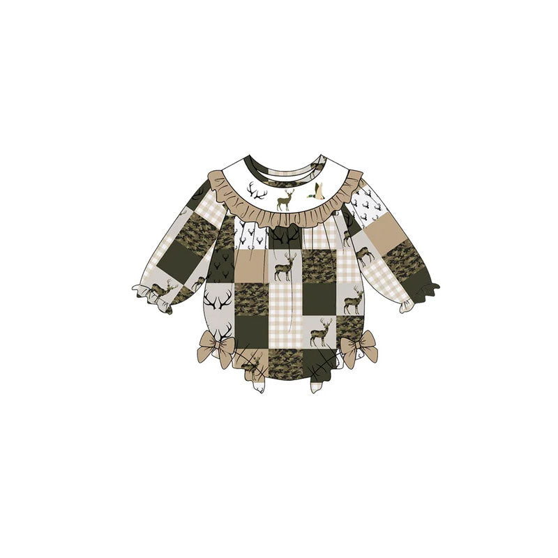 10.30 LR3446 Preorder Baby  Girls Hunting Deer Duck Patch Long Sleeve Romper