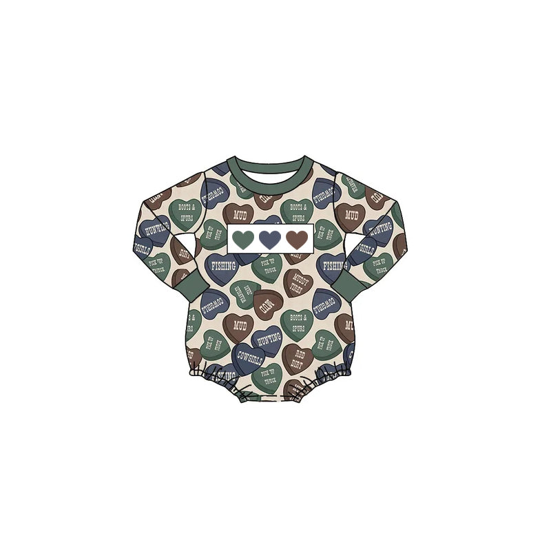 10.30 LR3447 Preorder Hearts Dark Green Print Baby Boys Valentine's Day Long Sleeve Romper