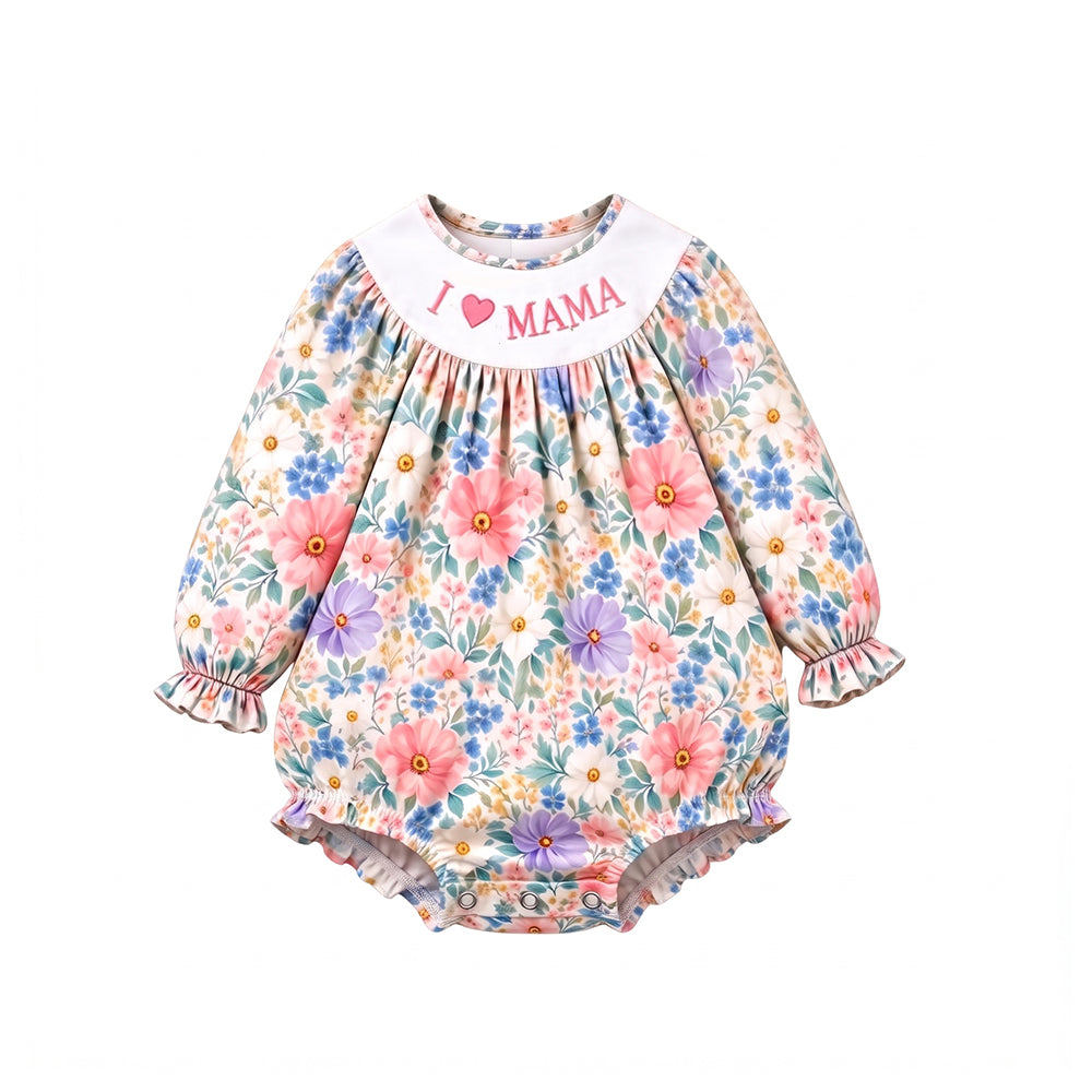 10.30 LR3451 Preorder I LOVE MAMA Colorful Flowers Print Baby Girls Long Sleeve Romper