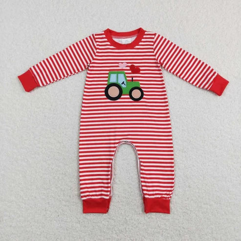 Sibling Baby Girls Boys Valentine Tractor Heart Striped Pajama Set Romper