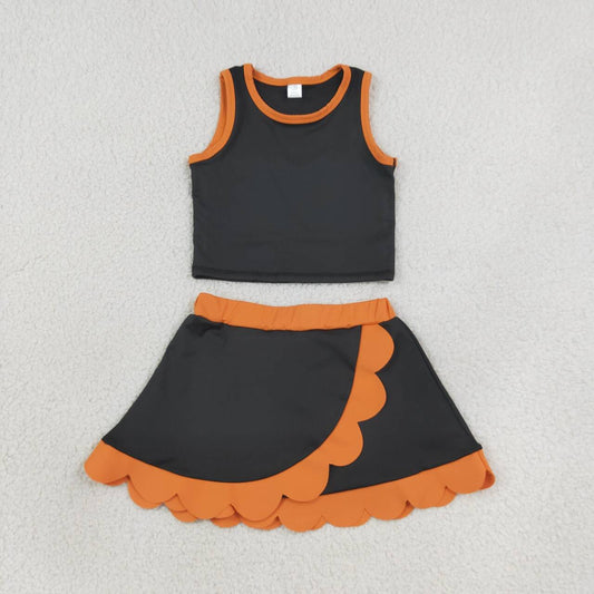 GSD4259 Teams Black Tank Top Orange Scallop Edge Skort Girls Active Clothes Yoga Outfits