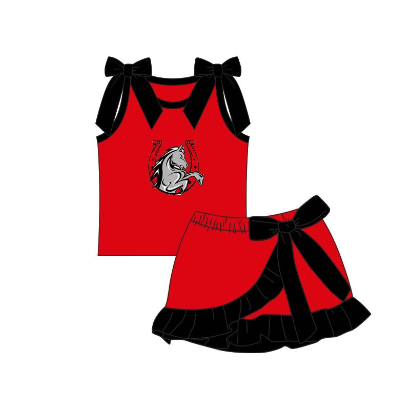 (Custom Design Preorder MOQ 5) Teams Lake Belton Broncos Bows Top Ruffle Skort Girls Summer Clothes Set