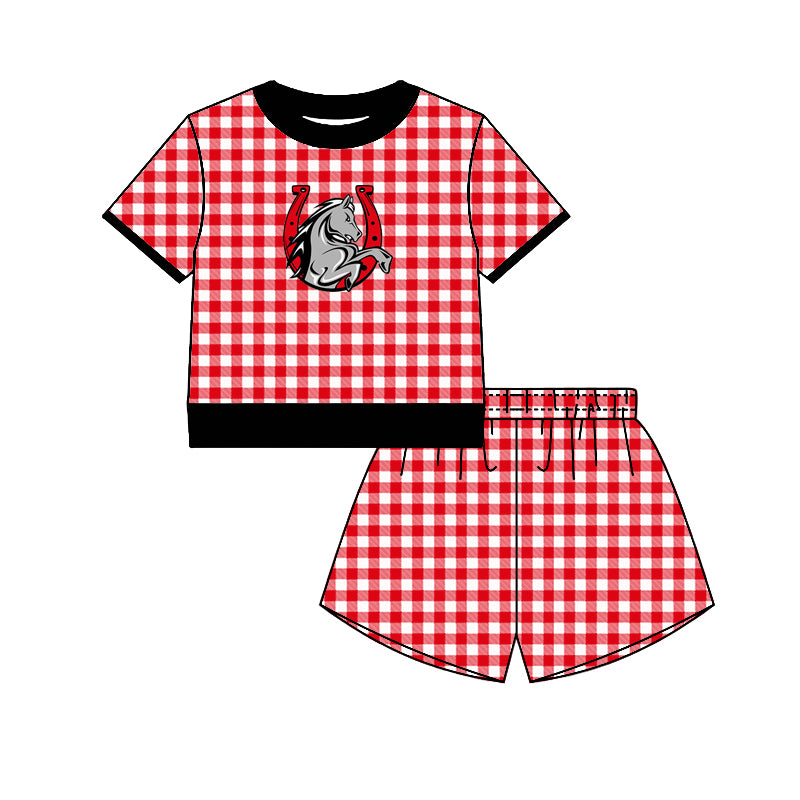 (Custom Design Preorder MOQ 5) Teams Lake Belton Broncos  Top Red Checkerd Shorts Mommy and Me Summer Yoga Clothes Set