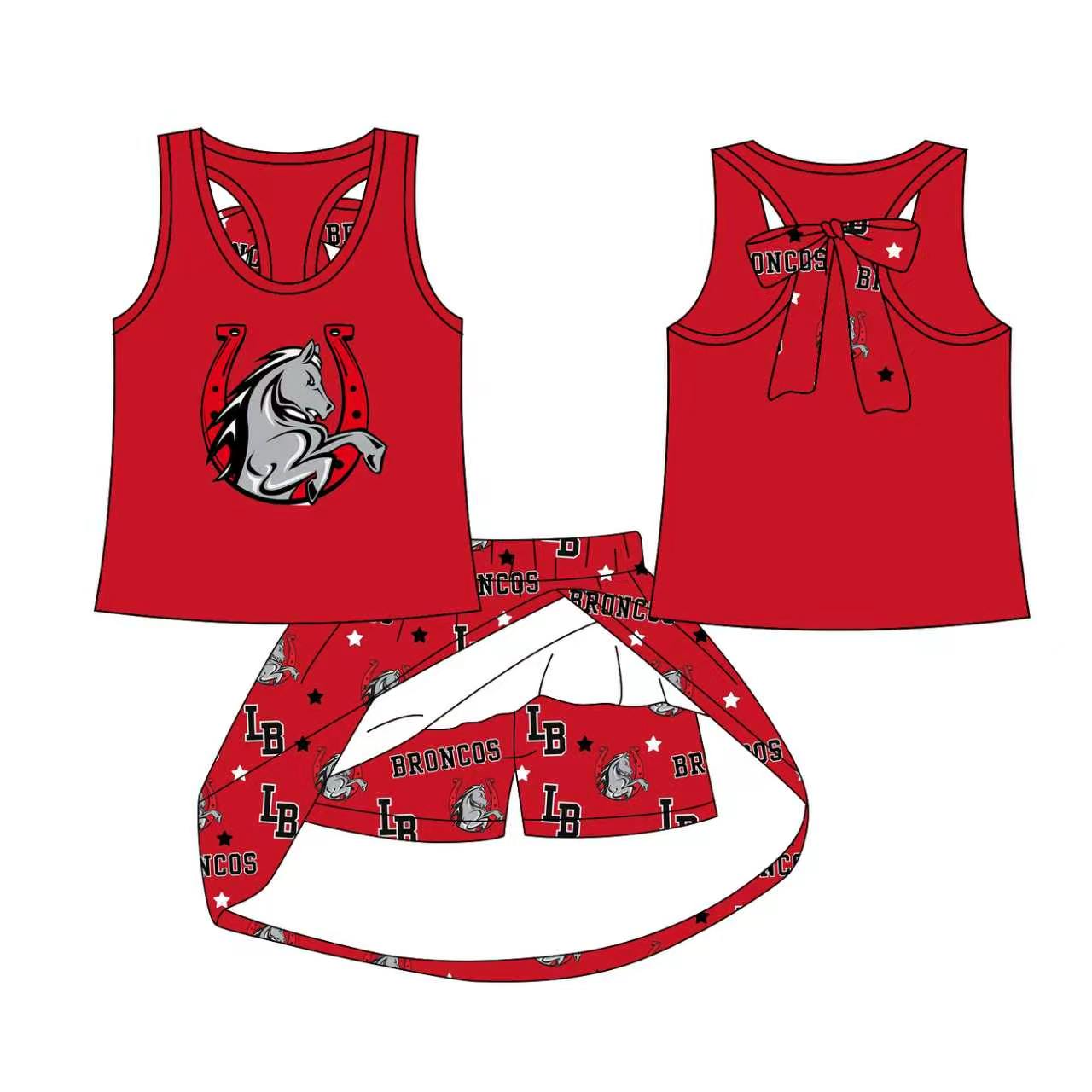 (Custom Design Preorder MOQ 5) Teams Lake Belton Broncos Red Tank Top Skort Girls Summer Yoga Clothes Set