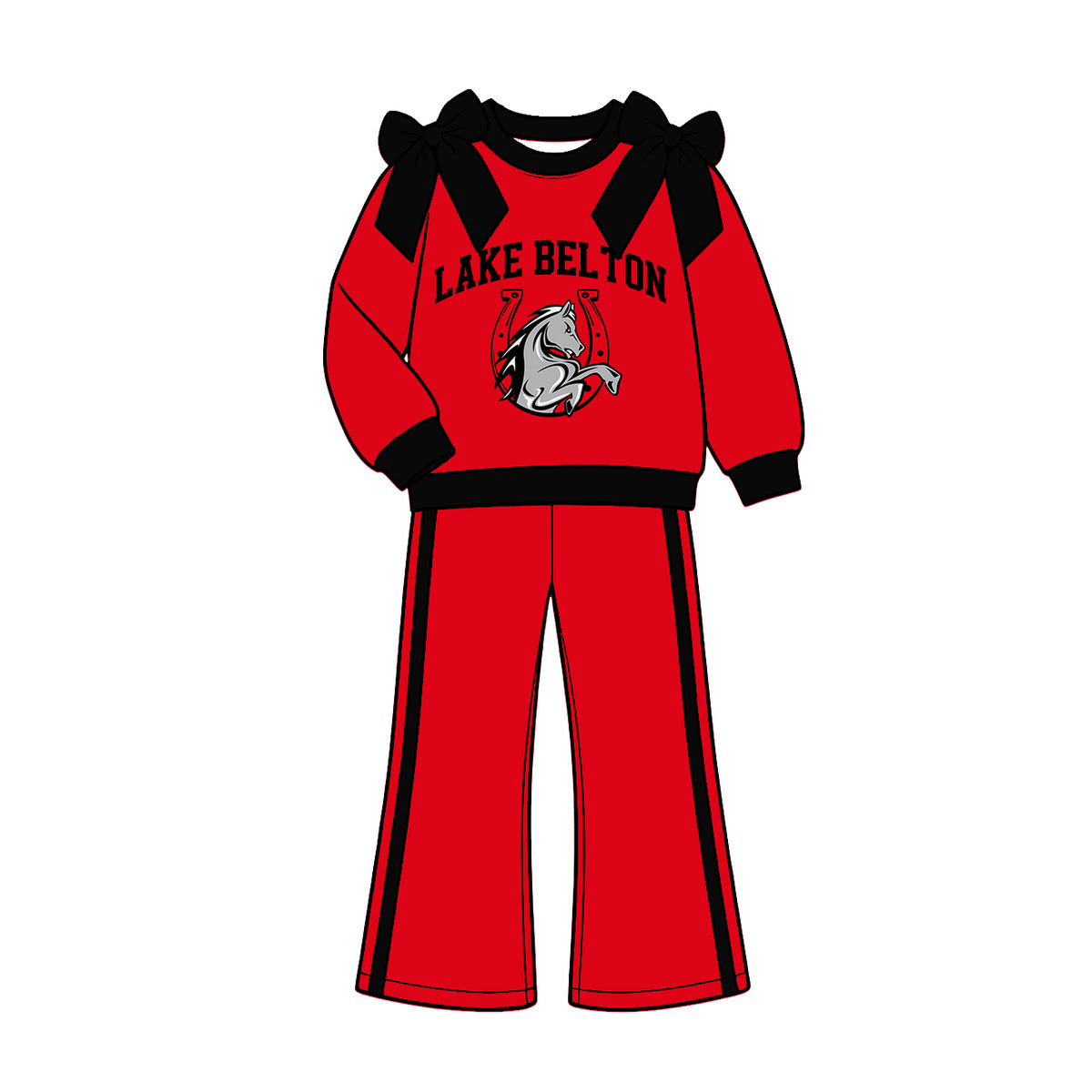 (Custom Design Preorder MOQ 5) Teams Lake Belton Broncos Black Bows Top Red Pockets Pants Girls Clothes Set
