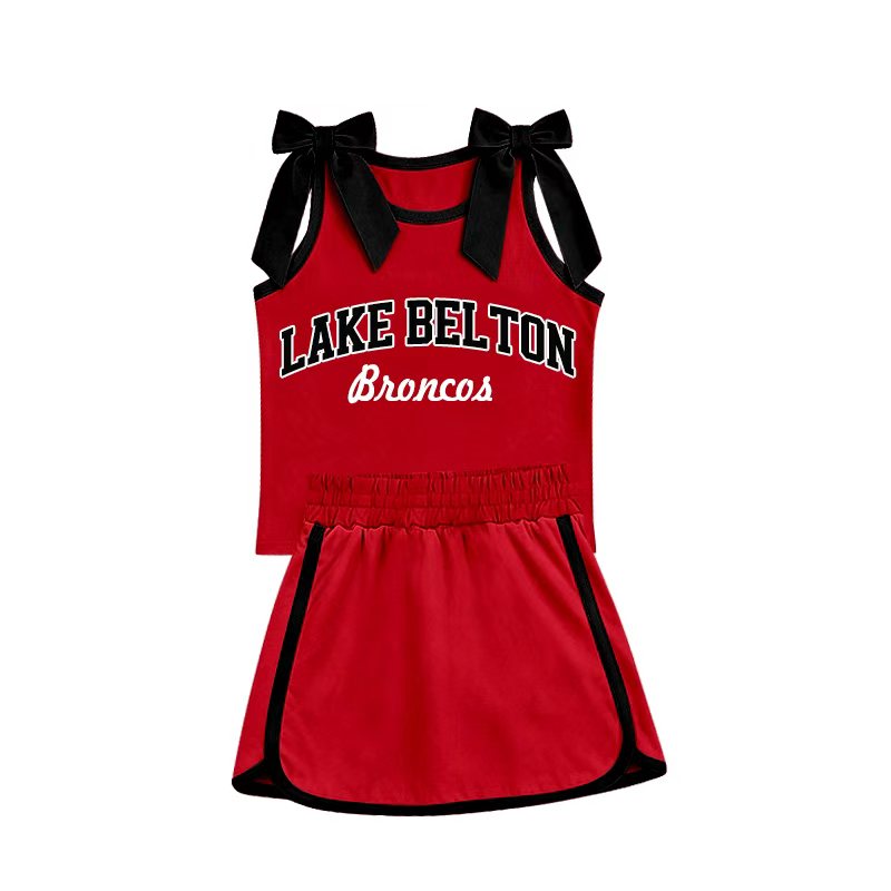 (Custom Design Preorder MOQ 5) Teams Lake Belton Broncos Bows Top Red Skort Girls Summer Clothes Set