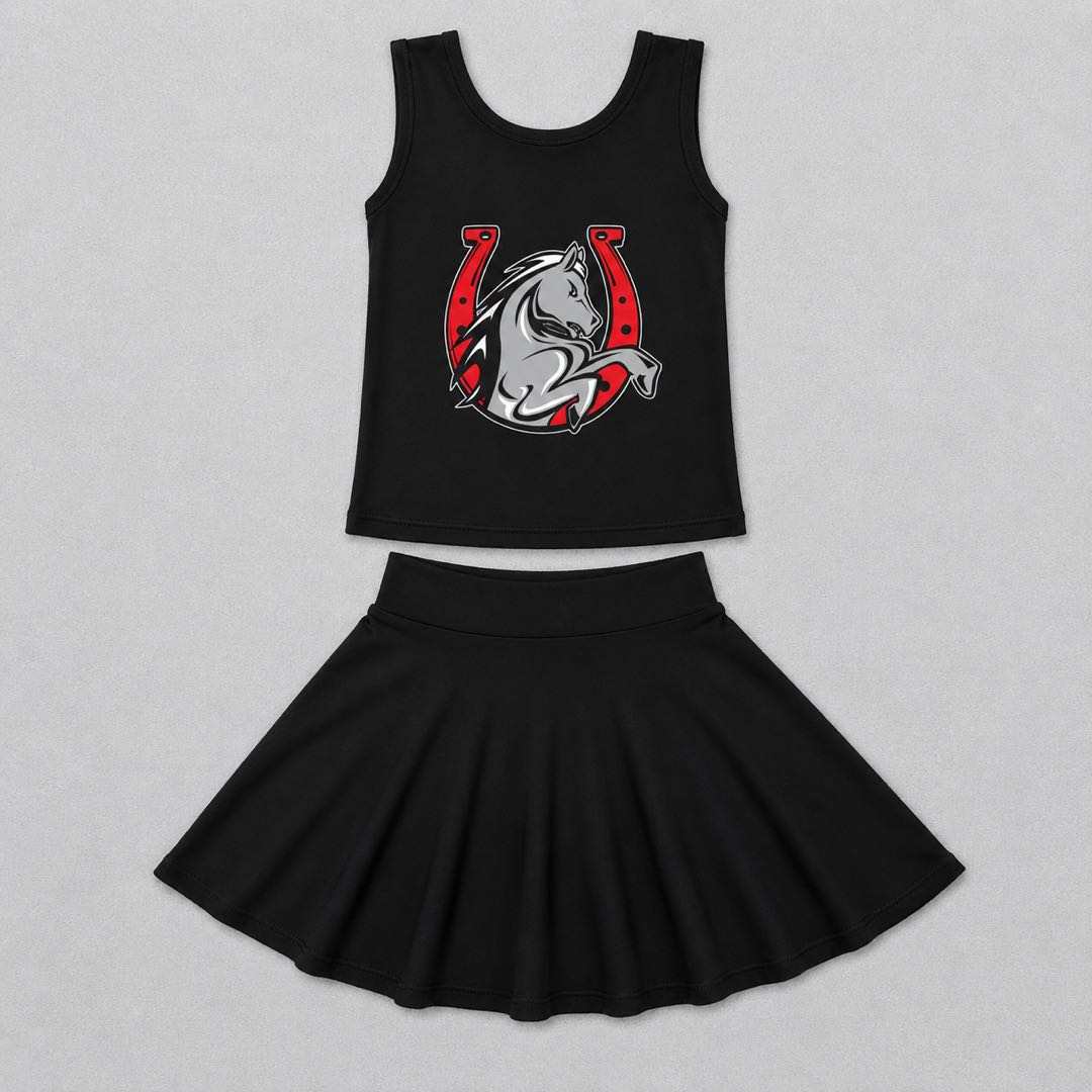 (Custom Design Preorder MOQ 5) Teams Lake Belton Broncos Black Tank Top Skort Girls Summer Yoga Clothes Set