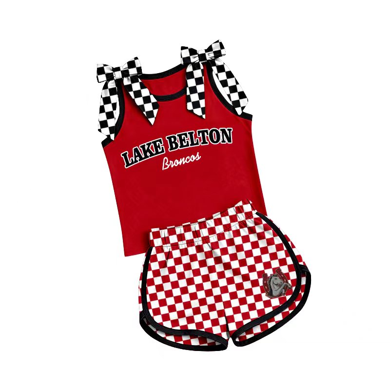 (Custom Design Preorder MOQ 5) Teams Lake Belton Broncos Bows Vest Top Checkerd Shorts Mommy and Me Summer Yoga Clothes Set