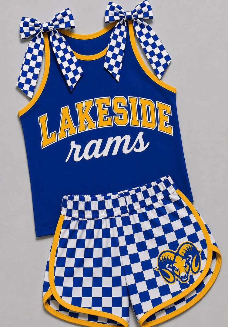 (Custom Design Preorder MOQ 5) Teams Lakeside Rams Bows Vest Top Blue Checkerd Shorts Mommy and Me Summer Clothes Set