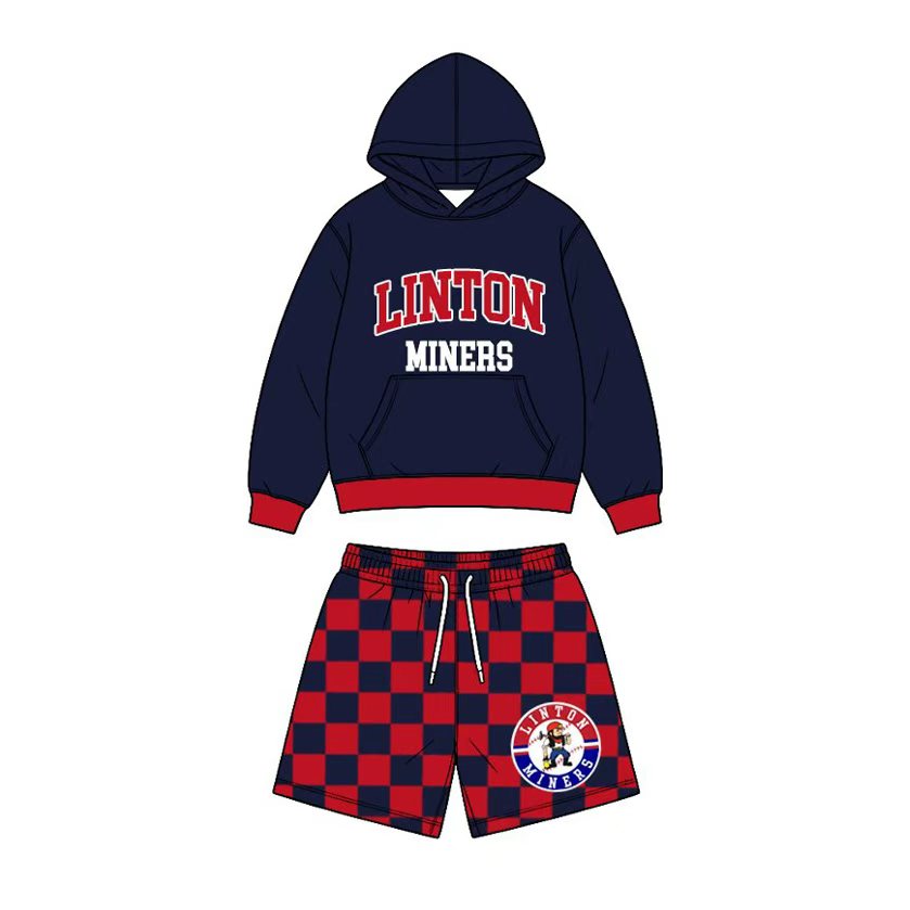 (Custom Design Preorder MOQ 5) Teams Linton Miners Navy Hoodie Top Checkered Pockets Shorts Kids Clothes Set