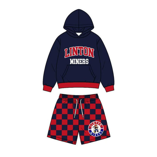 (Custom Design Preorder MOQ 5) Teams Linton Miners Navy Hoodie Top Checkered Pockets Shorts Kids Clothes Set