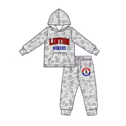 (Custom Design Preorder MOQ 5) Teams Linton Miners Grey Camo Hoodie Top Pockets Pants Kids Clothes Set