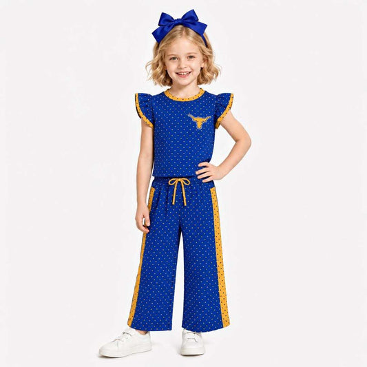 (Custom Design Preorder MOQ 5) Teams Longhorns Blue Top Dots Straight Pants Girls Clothes Set