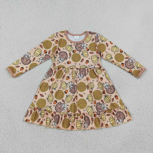 GLD1691 Turkey Pumpkin Pie Print Girls Thanksgiving Long Sleeve Dress