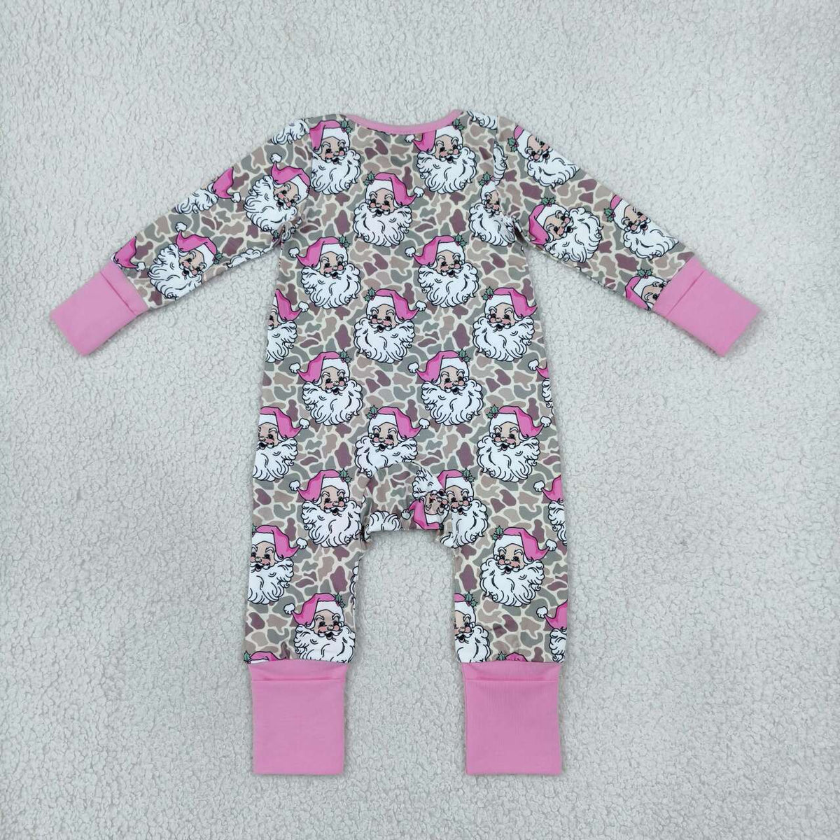 LR3305 Santa Camo Print Baby Girls Christmas Zipper Sleeper Romper