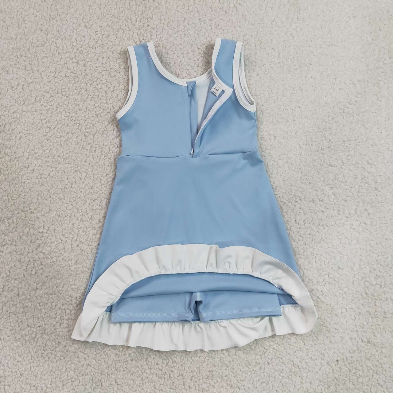 GSD4124 Blue & White Girls Sleeveless Ruffle Yoga Zipper Dress
