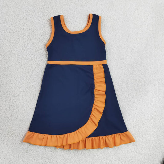 GSD4131 Navy & Orange Girls Sleeveless Ruffle Yoga Zipper Dress