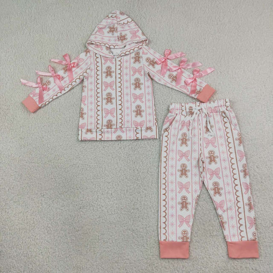 GLP3614 Gingerbread Pink Bows Hoodie Top Pockets Jogger Girls Christmas Clothes Set