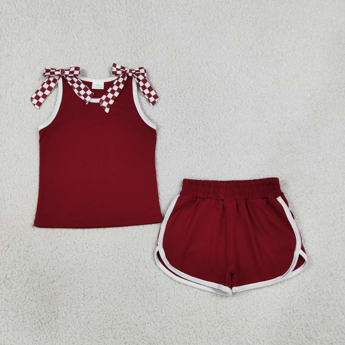 GSSO3859 Teams Checkered Bows Vest Top Wine Pockets Shorts Girls Cotton Summer Clothes Set