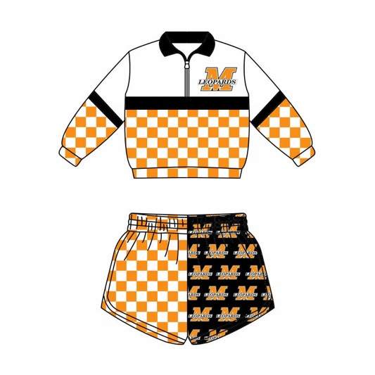 (Custom Design Preorder MOQ 5) Teams Malvern LEOPARDS Long Sleeve Zipper Top Orange Checkerd Shorts Mommy and Me Outfits