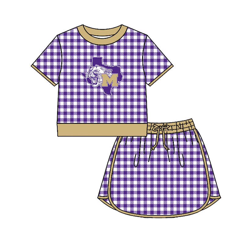 (Custom Design Preorder MOQ 5) Teams Mart Lions Top Purple Checkerd Skort Girls Summer Yoga Clothes Set