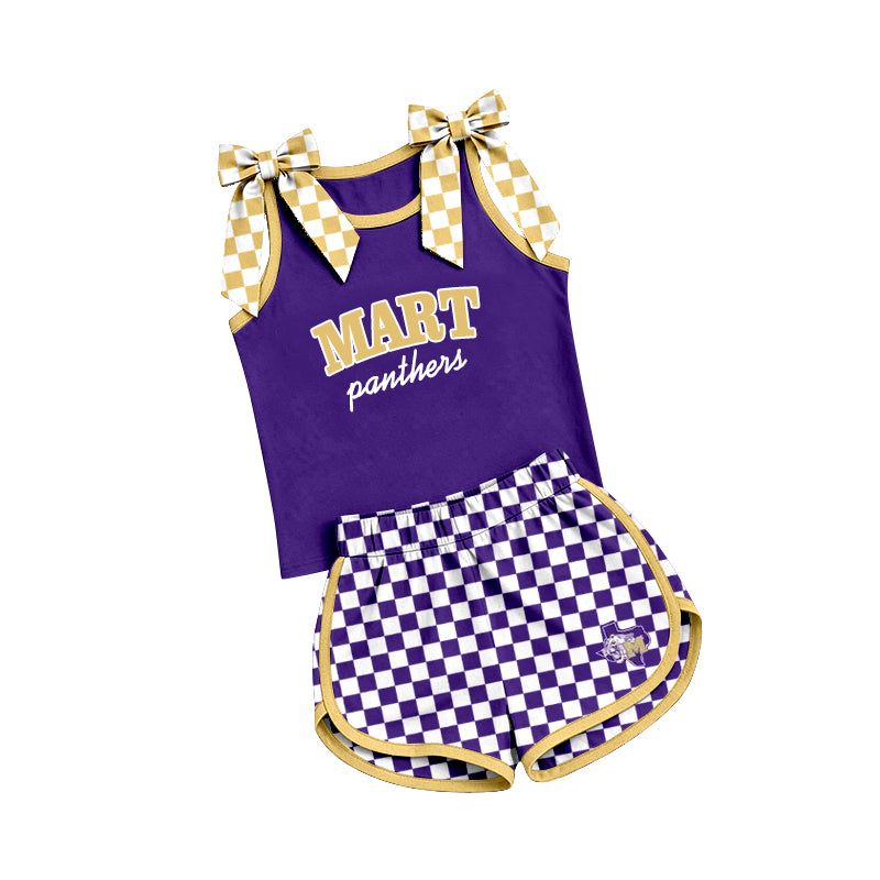 (Custom Design Preorder MOQ 5) Teams Mart Panthers Bows Vest Top Checkerd Shorts Mommy and Me Summer Yoga Clothes Set