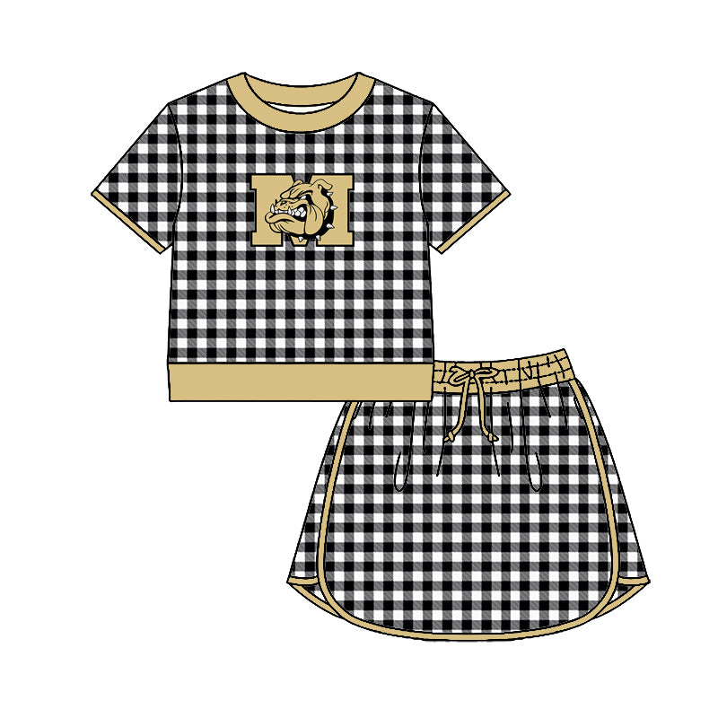 (Custom Design Preorder MOQ 5) Teams Mcgregor Bulldogs Top Black Checkerd Skort Girls Summer Yoga Clothes Set